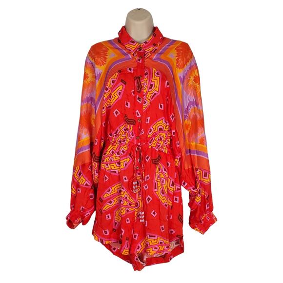 Farm Rio Tiki Bananas Scarf Long Sleeve Mini Romper Red Latinx Size Medium - Picture 3 of 12